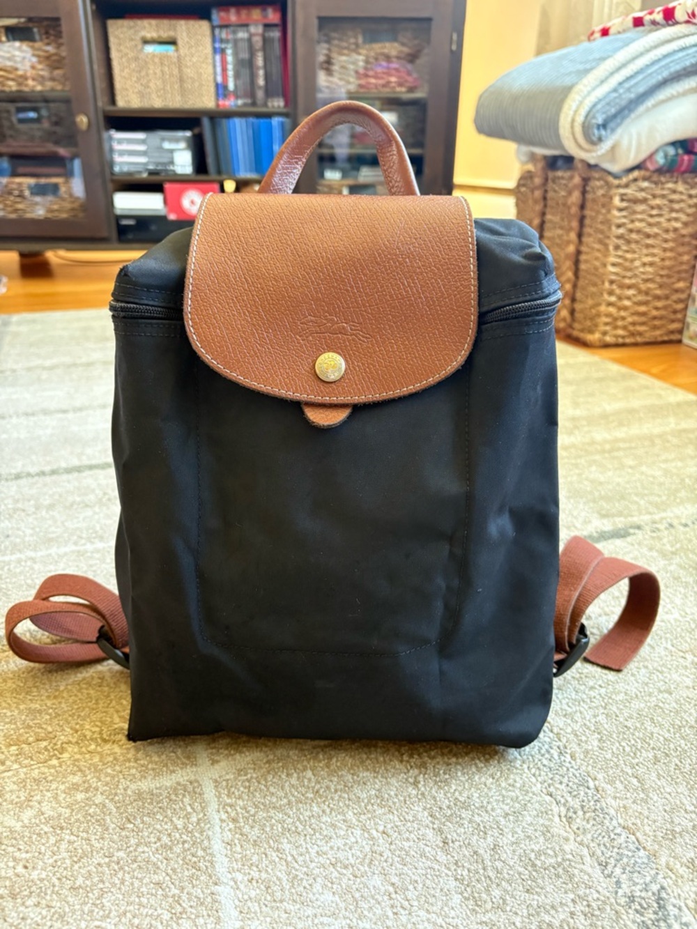 Longchamp Black Nylon Satchel with Brown Leather Trim